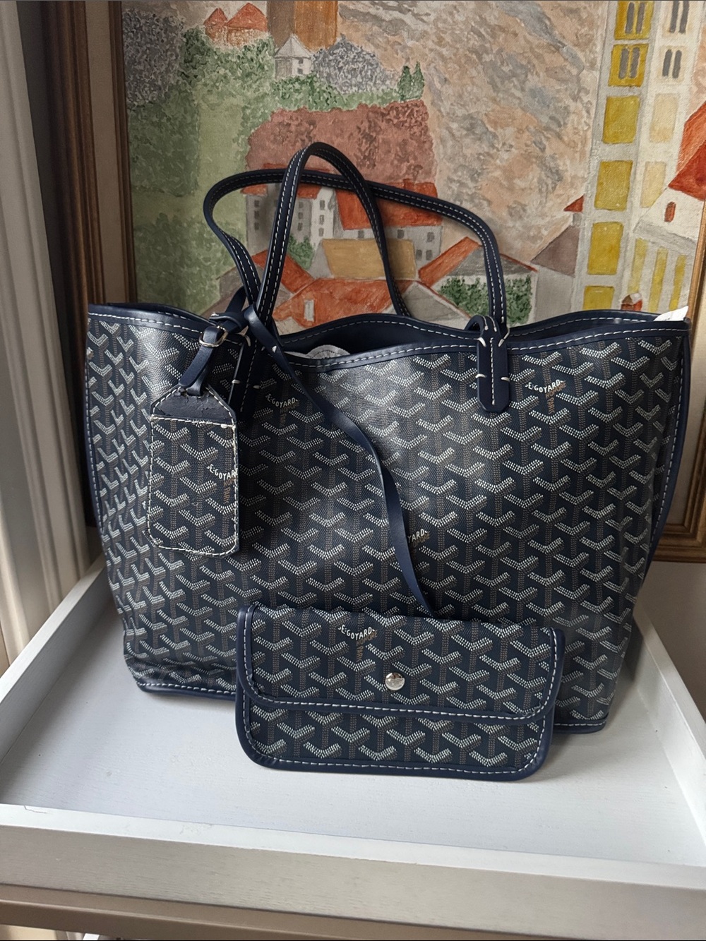 Navy Patterned Tote with Double Top Handles - Picture 3 of 8